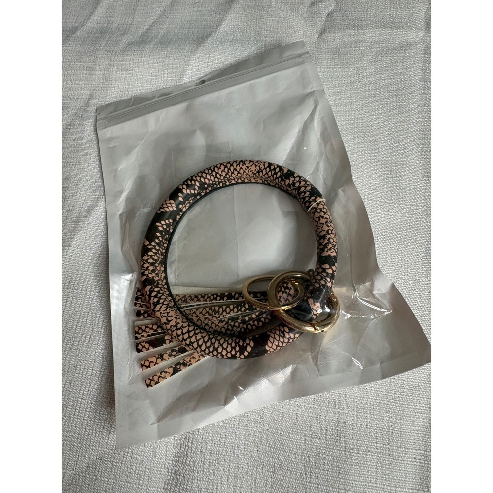 Pink Snakeskin Print Bangle Keychain Wristlet with Tassel and Gold Hardware